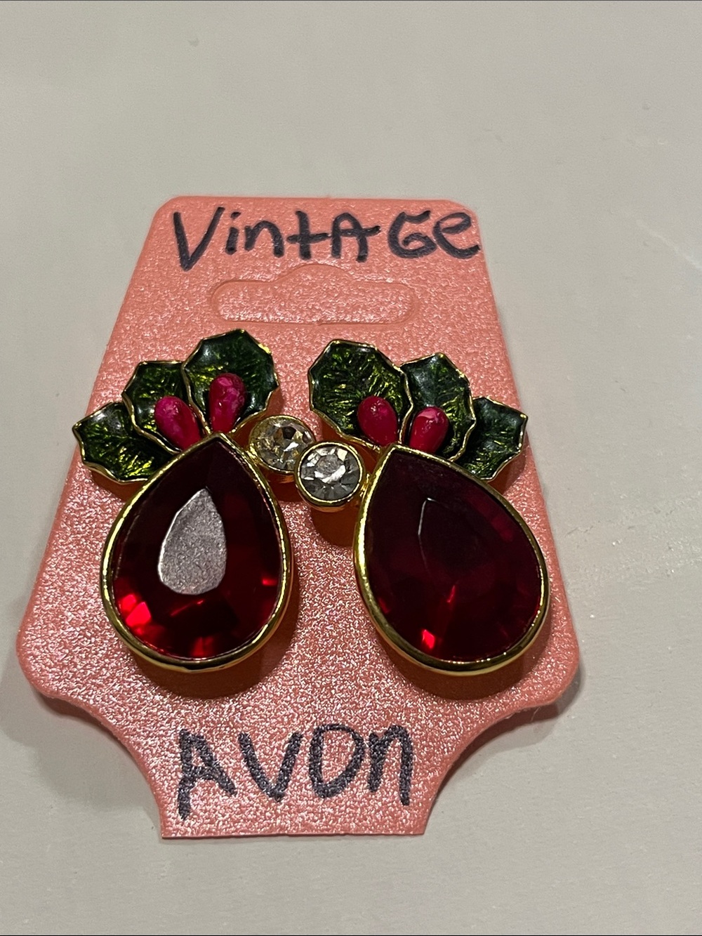 Avon Gold-Tone Red Teardrop Earrings with Green Leaves and Pink Berries